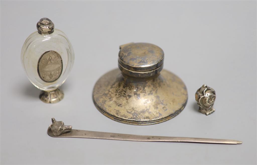 A George V silver letter opener, with fox head terminal, by Asprey & Co, Chester, 1928 & 3 other items.